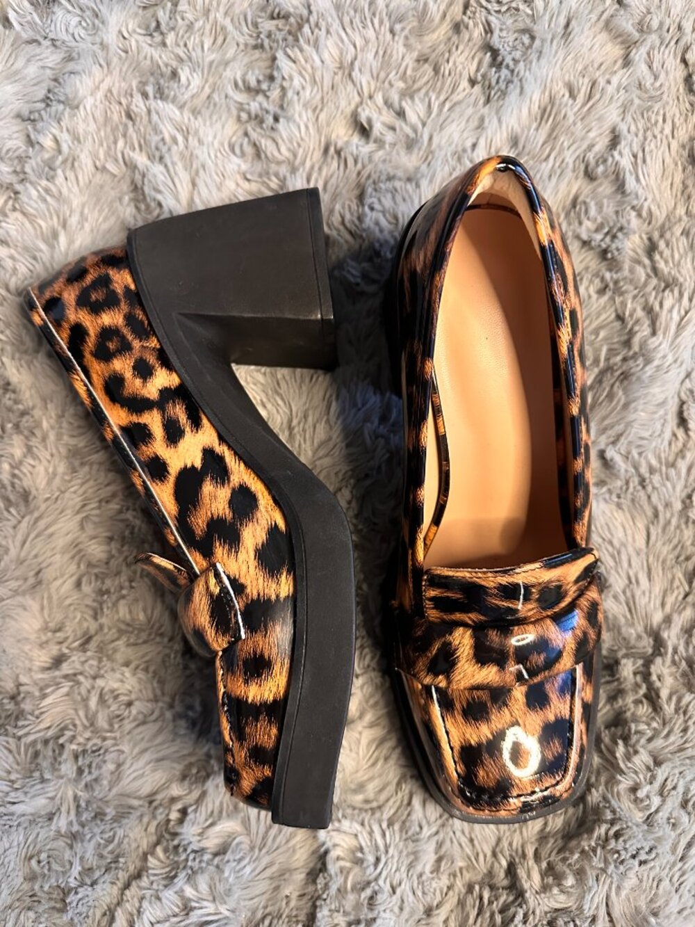 Leopard Patent Chunky Heeled Loafers - Picture 3 of 6
